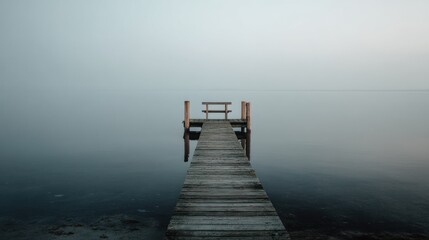 A wooden pier extending into a calm, foggy lake with a wooden bench on the end.
