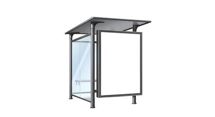 Modern bus shelter with a blank advertisement board, isolated on white background.