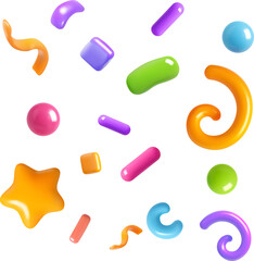 3D confetti and decorative shapes isolated on white background