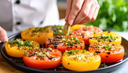 Colorful Heirloom Tomato Salad with Balsamic Glaze and Fresh Herbs.