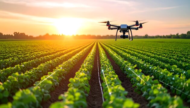 Drone surveying a sunlit agricultural field at sunset