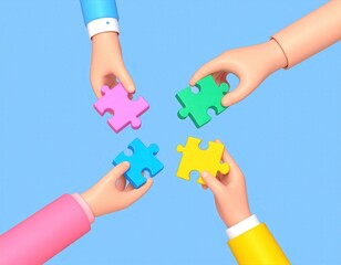 Colorful Puzzle Pieces Held by Cartoon Hands on Light Blue Background.