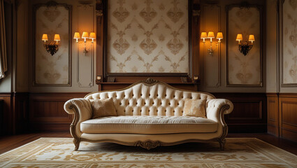 Classical living room design with warm lighting for sophisticated aesthetics. Great for real estate marketing, luxury lifestyle content, and traditional decor.