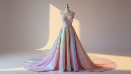 Luxury evening gown mockup with holographic pastel rainbow sequins on a skin-tone mannequin. Studio shot for fashion design, bridal inspiration, and glamorous advertising visuals.
