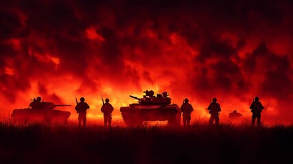 War concept with military silhouettes in combat, set against a foggy sky. Soldiers and armored vehicles, including tanks, engage in battle beneath a cloudy night skyline, creating an intense attack