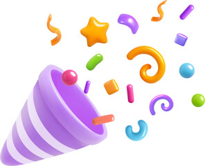 3D purple party popper with confetti explosion burst