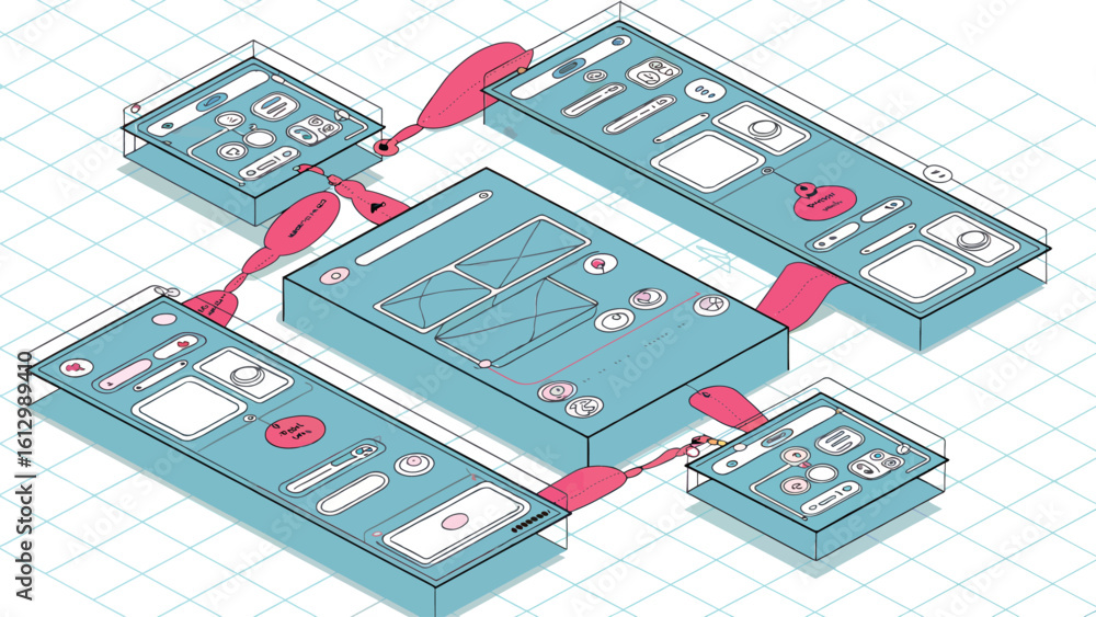 Aufkleber interconnected digital interface design: a futuristic, isometric illustration visualizes the intrica