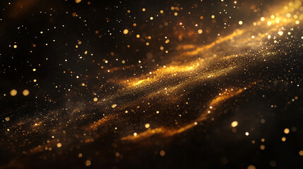 Fototapeta premium Golden glitter particles floating in dark background luxury abstract design
