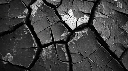 Cracked surface with intricate patterns and textures, showcasing dramatic contrast between dark and light areas. image evokes sense of fragility and complexity in nature