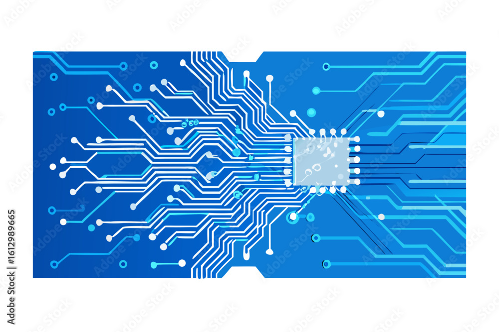 Poster abstract blue circuit board with central microchip and glowing lines