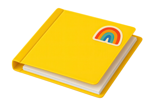 Bright Yellow Folder with White Papers and Rainbow Sticker on Cover, Cutout Transparent PNG