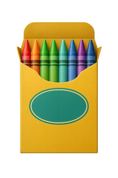 Yellow Cardboard Crayon Box with Colored Crayons and Teal Oval Label Cutout Transparent PNG