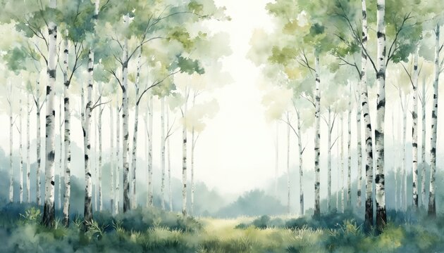 Watercolor painting of a birch forest with white bark trees and green foliage. Ground is lush green grass with white and gray patches. Scene has circular pattern, unity, balance, sense of depth. - Powered by Adobe