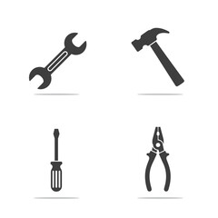 Set of four basic hand tools in black and white vector illustration