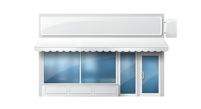 A realistic illustration of a white storefront with a blank sign, awning, and large glass windows.