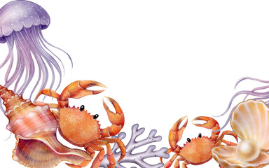 Watercolor hand-drawn illustration of crabs, jellyfish, seashells and corals creating a marine frame on white background, suitable for banner, postcard, business card, packaging and summer decor.