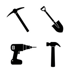 Construction tools vector icon set pickaxe shovel drill and hammer © rabbivay