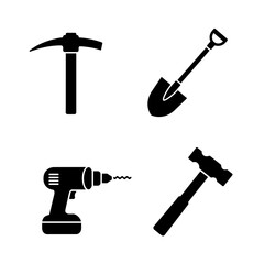 Black and white silhouette illustration of construction and gardening tools
