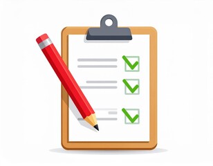 Completed Checklist on Clipboard with Red Pencil Vector Illustration.