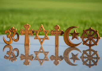 Wooden symbols of various world religions lined up outdoors