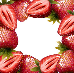Strawberries forming a rectangular frame. Watercolor style drawing on white background. Perfect for packaging, invitations, recipe cards, food branding, and summer-themed promotional materials.
