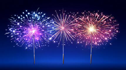 Fototapeta premium Three colorful firework sparklers on dark blue background a festive celebration image
