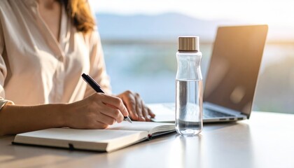 Woman Writing in Notebook Near Laptop and Water Bottle
