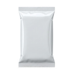 Blank white plastic snack pouch or food packaging mockup, front view for branding. Isolated on transparent background, png