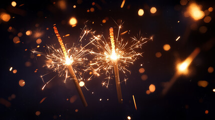 Obraz premium Two bright sparklers burning against a dark background with bokeh lights