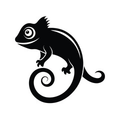 Striking black silhouette of a chameleon with a gracefully curved tail on a clean white background