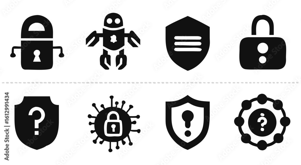 Poster security shield lock robot protection cyber virus antivirus safety secure guard defense system icons