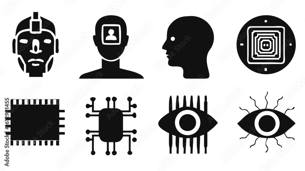 Poster artificial intelligence robot head brain technology chip eye cybernetics future mind machine learnin