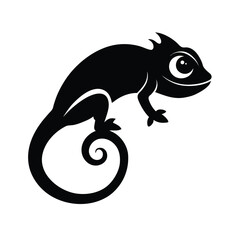 Striking black silhouette of a chameleon with a gracefully curved tail on a clean white background