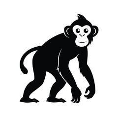Black silhouette of a chimpanzee walking upright on a white background