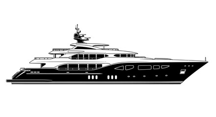 A sleek black and white illustration of a modern superyacht. This detailed side profile view captures the elegance of a luxury motor vessel.