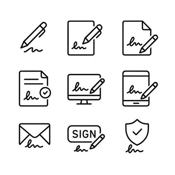 Digital signature authentication icons. Outline symbols. Line design