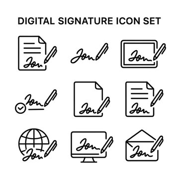Contract signature approval icons. Outline symbols. Line design