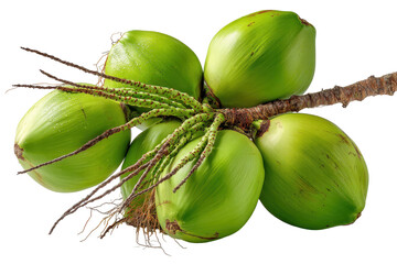 Fresh Green Coconuts on Branch Tropical Fruit Cluster, isolated on a transparent background