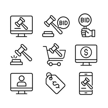 Marketplace auction vector icons. Outline symbols. Line design