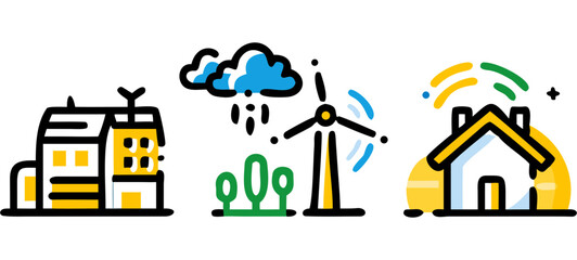 Naklejka premium Illustration of renewable energy sources like wind turbine, solar panels, and sustainable building design on transparent background