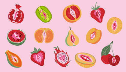 Colorful illustration of various sliced fruits creatively designed with abstract feminine symbols in a modern artistic style