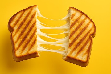 Melted grilled cheese sandwich with stretching cheese on yellow background