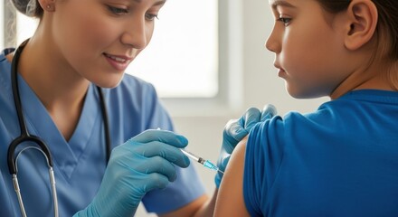 caucasian medical professional administering vaccine to child. focus on vaccination process and healthcare. national immunization awareness month. health campaign