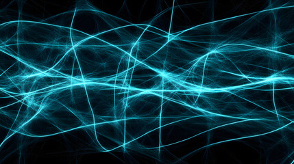 Abstract Teal Light Trails on Black Background, Energy Flow.