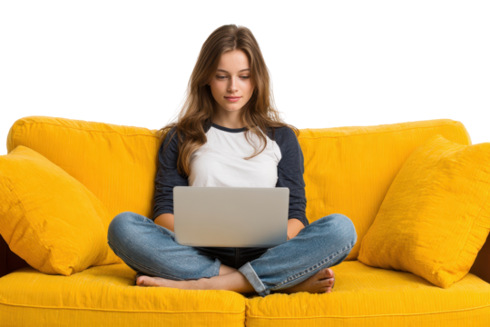 Young woman working on laptop yellow couch, isolated on a transparent background