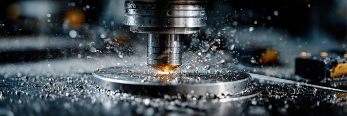 High precision metal machining process in an industrial workshop with sparks and coolant splashes