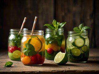 Refreshing infused water in mason jars with fresh fruit and herbs