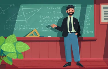  Male geometry teacher standing at blackboard in school classroom. Vector illustration © tynyuk