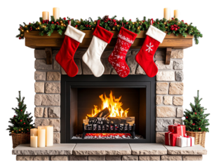Cozy Traditional Christmas Fireplace with Stockings and Lit Fire, Front View, Transparent Background.
