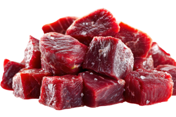 Salted Beef Cubes Ready for Cooking Rich Red Meat, isolated on a transparent background